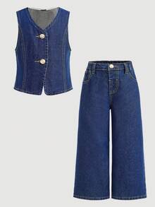 SHEIN Firerie Kids 2件套女童藏蓝色牛仔无袖背心和宽松裤 - 深色水洗藍 - 查看 2