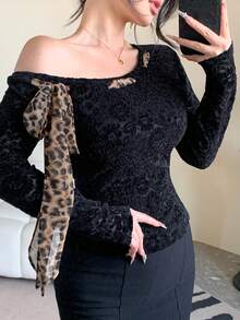 DAZY Women's Black Leopard Print Lace-Up Asymmetric Shoulder Long Sleeve Fitted Cropped Undershirt Top Going Out Tops Women - Black - View 1