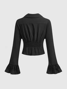 ROMWE Áo sơ mi dài tay cổ bẻ phối ren kiểu cung điện Gothic - màu đen - Xem 2