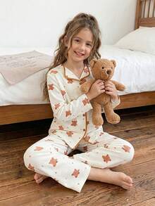 2件套女童小熊印花褶皱面料休闲舒适睡衣套装 - 杏色 - 查看 1