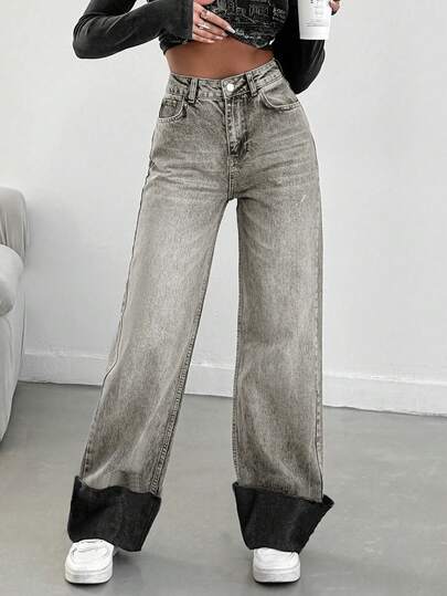 100%Cotton High Waist Slant Pocket Casual Baggy Jeans