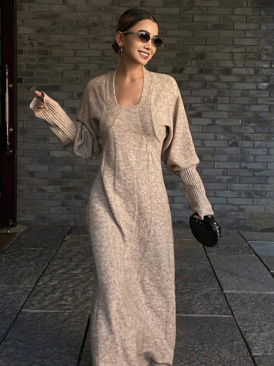 Livesso Women's Waist Cinched Long Sleeve Elegant Sweater Dress, Winter - Khaki - View 1