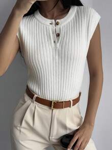 DAZY Áo len dệt kim không tay màu trơn dành cho nữ, phong cách Thu/Đông Y2K - trắng - Xem 6