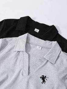 2件套女童休闲V领刺绣纯色修身T恤，多色拼接，适合春夏旅行和购物，时尚单品 - 黑色 - 查看 3