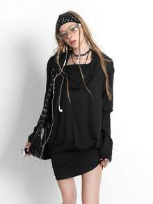 Bloopia Loose Fit Turtleneck Long Sleeve Women's Casual Dark Style Dress - Black - View 4