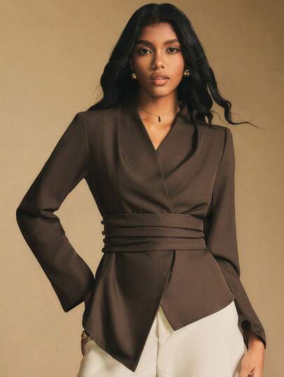 Poéselle 女士不对称裹身腰长袖衬衫，适合工作场合，棕色不对称下摆收腰简约V领优雅长袖衬衫