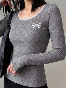 SHEIN Teen Girl All-Match Casual Versatile Solid White Knit Round Neck Loose Long Sleeve Lace Bow T-Shirt Top, Back-To-School, Cute Suitable For All Seasons , Spring, Summer, Autumn, Winter Cute Top - Grey - View 1