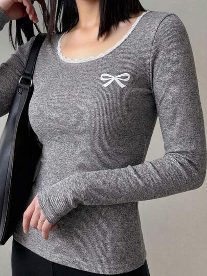 SHEIN Teen Girl All-Match Casual Versatile Solid White Knit Round Neck Loose Long Sleeve Lace Bow T-Shirt Top, Back-To-School, Cute Suitable For All Seasons , Spring, Summer, Autumn, Winter Cute Top