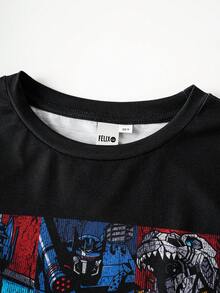 Transformers X SHEIN Tween Boy Casual Everyday Commute Fashion Street Cartoon Robot & Letter Print Long Sleeve Black T-Shirt, Spring/Autumn - Black - View 3
