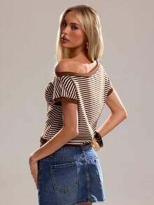 Avantive Bluză maro cu dungi, franjuri, decolteu pe umeri, haine de vară, ținută casual pentru femei, confortabilă, Street Academy Movement - Kaki - Vizualizare 2