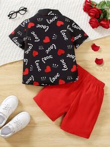2pcs Toddler Boys Gentleman Outfit Set, Including Black Woven Digital Print Short Sleeve Shirt With "Love", Heart And Crown Patterns, Collar And Button Design, And Red Shorts. Vibrant Colors, Suitable For Casual Wear Or Performances To Showcase Children's Innocence And Vitality.Valentine's Day - Black - View 2