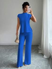 SHEIN Elenzya Set de 2 piezas de top de manga corta acanalado y pantalones elegantes y casuales - Azul - Ver 5