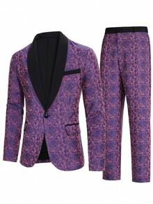 Manfinity AFTRDRK 男士紫色奢华派对西装套装，包括西装外套和长裤，采用时尚花卉图案面料，也是送给朋友、男友或丈夫的理想礼物。 - 紫色 - 查看 3