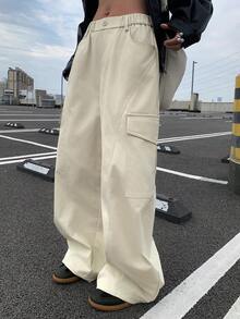 DAZY Women's Loose Solid Color Cargo Pants With Pockets, Casual Street Style, Autumn/Winter Y2k - Apricot - View 5