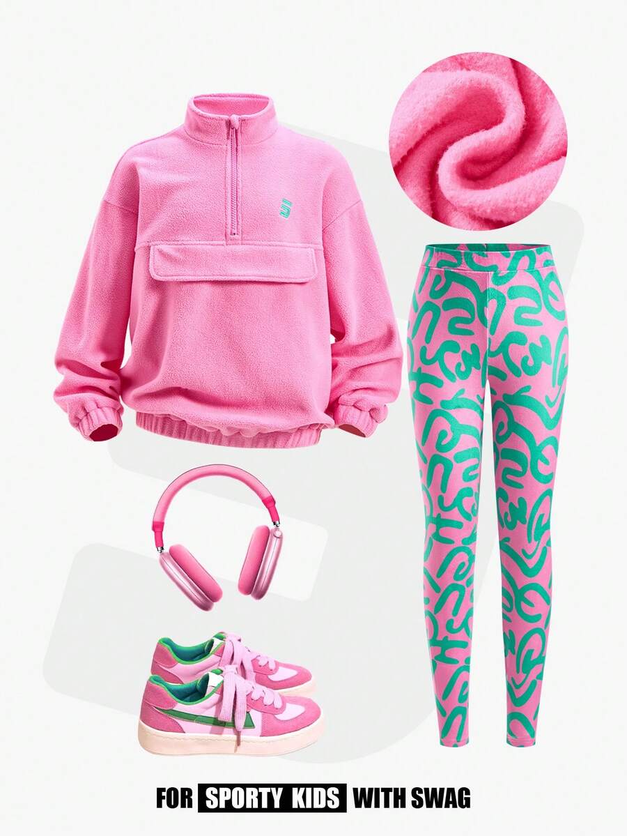 JNSQ Tween Girl Zip-Up Drop Shoulder Hoodie And Allover Print Leggings Casual Outfit Set - Multicolor - View 1