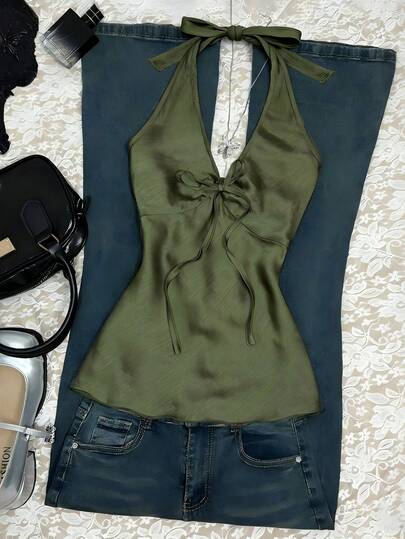 Glimmora Nuevo top de verano para mujer con cuello halter, cintura fruncida y lazo, sexy y casual para vacaciones