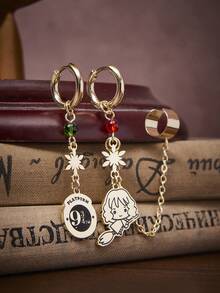 HARRY POTTER X SHEIN Pendientes con diseño de personaje de dibujos animados de Hermione Jean Granger de moda para invierno - Dorado - Ver 1