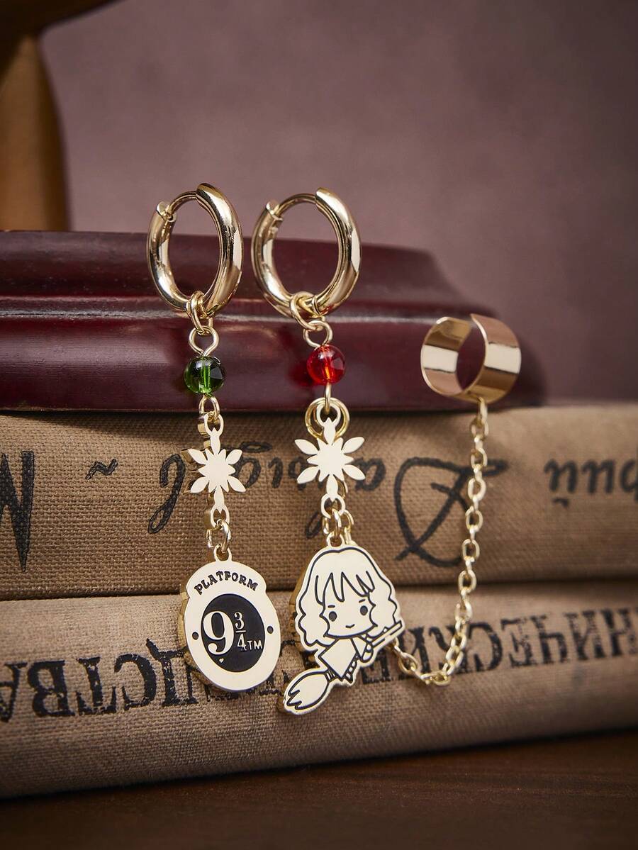 HARRY POTTER X SHEIN Pendientes con diseño de personaje de dibujos animados de Hermione Jean Granger de moda para invierno - Dorado - Ver 1