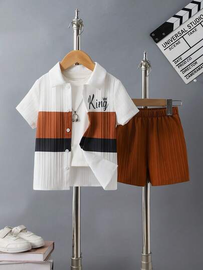 2pcs/Set Young BoyCasual Printed Short Sleeve Polo Shirt And Shorts Set, Spring/Summer