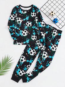 SHEIN Bộ đồ ngủ gồm 2 chiếc áo thun dài tay cổ tròn in họa tiết bóng đá phát sáng trong bóng tối và quần ngủ Pijama cho bé trai, mềm mại và thoải mái - màu xanh lá - Xem 9