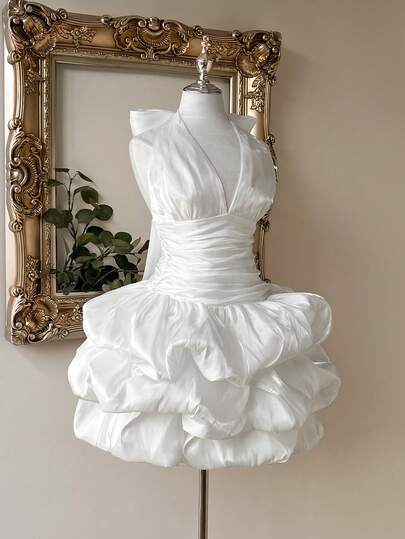 Lovelzi Elegante, romántico y de moda vestido con volantes de satén blanco con decoración de lazo de lentejuelas, vestido de fiesta elegante, vestido de invitada de boda, vestido blanco, vestido de despedida de soltera, vestido de graduación, vestido de ducha nupcial