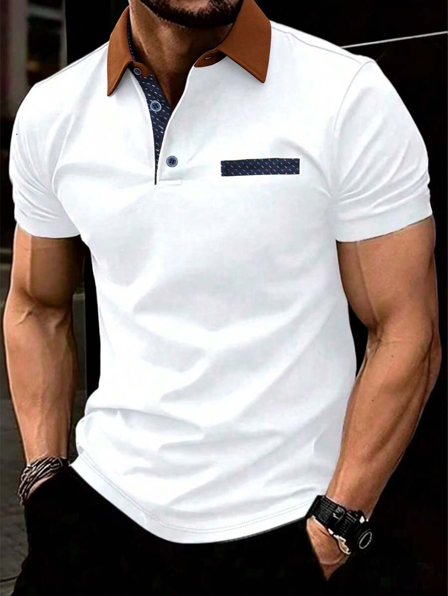 Manfinity Mode Áo Polo nam tay ngắn phối màu thời trang đa năng, thích hợp cho kỳ nghỉ, áo polo nam, áo polo golf nam, áo polo trắng nam. - trắng - Xem 1