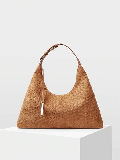 STYLISH MINIMALIST SOFT EMBOSSED WOVEN PATTERN SUEDETTE SHOULDER BAG WITH EXQUISITE METAL PENDANT, SUITABLE FOR COMMUTING AND SHOPPING