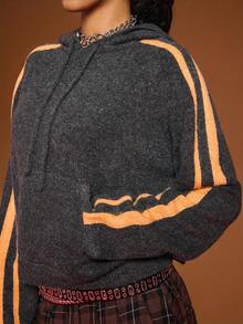 COUREZ 超大针织连帽衫，侧边条纹 / Y2K 秋冬女装，舒适秋冬女装，女士卫衣，新年毛衣，休闲家居服 - 深灰色 - 查看 6