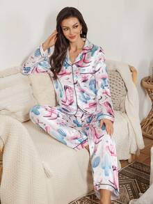 Serenescape 仿丝绸印花翻领开衫和裤子女士睡衣套装 - 彩色 - 查看 3