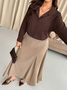 Vionelle 女款大尺碼純色襯衫與裙子兩件套，優雅秋季日常米色保守版型曲線裙 2件套 - 咖啡棕 - 查看 3