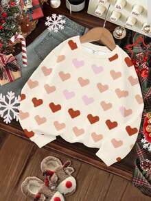 SHEIN Young Girl Cream Almond, Soft Colorful Heart Knit Texture Pattern, Casual Minimalist Comfortable Thick Soft Loose Crew Neck Long Sleeve Sweatshirt, Suitable For Autumn/Winter Daily, Holidays, New Year, New, Home, Vacation, Cozy Season, Autumn & Winter For Easy Comfort, Autumn & Winter Layers, Stylish, Casual Wear, Heart Graphic, Fall & Winter, New Year, Chic Autumn, Fashion Winter, New Style - Multicolor - View 3