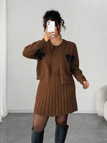 Elenzga Women's Elegant Sleeveless Dress With Long Sleeve Cardigan,Loose Fit Plus Size Knit Sweater Set,Brown Autumn Everyday Back-To-School Outerwear Dress - Coffee Brown - View 5