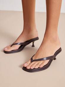 Hauture Fabulous Ladie's Chocolate Faux Pu Thong Sandal Small Heel, Square Toe Spring Summer Chic Holiday Shoes - Chocolate Brown - View 2