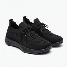 Mujer Zapatillas Deportivas De Tejido De Punto Transpirable Con Cordones Suela Gruesa Negros - Negro - Ver 6