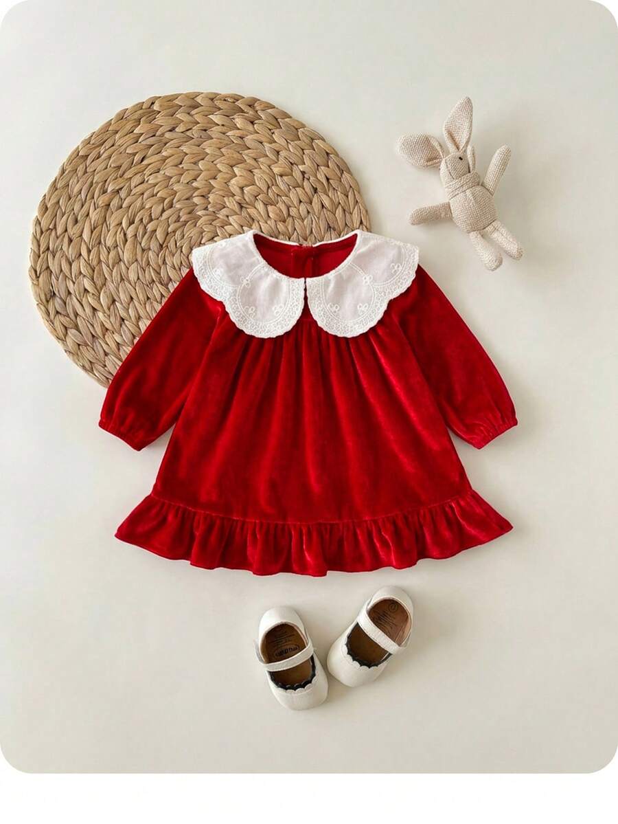 Newborn Baby Girl Cute & Elegant Red Peter Pan Collar Long Sleeve Dress Valentine's Day - Multicolor - View 1
