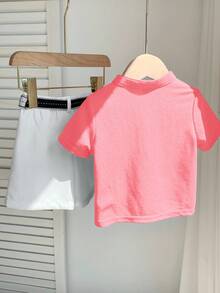 SHEIN 2pcs/Set Baby Boy Comfortable Casual Versatile Daily Fashion Minimalist Style Red Collar Short Sleeve T-Shirt POLO Knit Top And White Shorts Pants With Belt Multi-Piece Suit Uniform Formal Wear, Suitable For Indoor, Outdoor, Daily, Sports, Play, Party, Photo Shoot, Vacation, Holiday, Wedding, Baby Shower, Christening And 1st Birthday Celebration, Spring/Summer - Pink - View 2