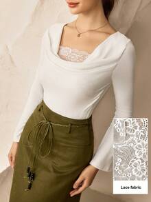 Modelyn Blusa de manga larga ajustada con parches de encaje - Blanco - Ver 3