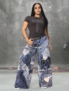 ROMWE EDITION Quần jeans ống rộng in họa tiết denim thời trang cỡ lớn - Màu xanh lam - Xem 2