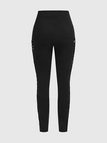 ROMWE Gothic Hollow-Out Knitted Stretchy Leggings For Women - Black - View 2