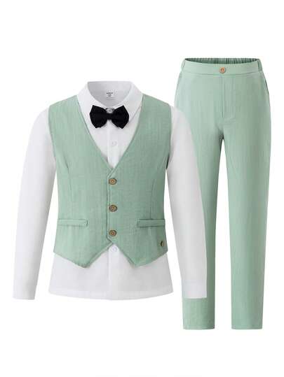 SHEIN 2 piezas Traje informal de estilo coreano de ajuste delgado para niño preadolescente para primavera/verano, adecuado para fiesta formal, recital de piano, anfitrión, incluye chaleco y pantalones, apropiado para fiesta de noche, anfitrión, actuación de piano, reunión, pasarela, bautizo, negocios, cumpleaños, boda, graduación