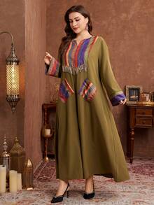 Al Najma Casual Comfortable Print Patchwork Solid Color Long Sleeve Loose Plus Size Women Arabic Maxi Dress, Suitable For All Occasions In Spring And Autumn