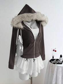 Sweetra Áo khoác nỉ ngắn tay kiểu vintage có khóa kéo dành cho nữ, dáng ôm, màu hồng, thích hợp cho mùa thu/đông. - màu nâu - Xem 7