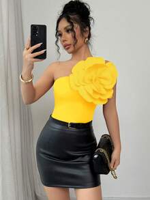 Elenzga Áo len dệt kim hở lưng họa tiết hoa 3D màu đỏ trơn mới, cổ chéo, một dây đeo vai, thanh lịch, vừa vặn, dành cho nữ, thời trang xuân/thu năm mới - Màu vàng - Xem 6