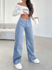 100% Baumwolle einfarbige Jeans mit schräger Tasche und geradem Bein - Mittele Waschung - Übersicht 6
