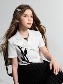 Maija Kids Maija Kids Conjunto informal de blusa de manga corta con decoración floral de color contrastante y minifalda para niña preadolescente - Blanco y Negro - Ver 6