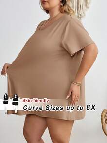 SHEIN CURVE+ 大码曲线/秋季服装/女士秋季服装/女士冬季服装/冬季服装大码休闲宽松纯色短袖T恤，舒适简约，适合日常穿着 - 鏽棕色 - 查看 10
