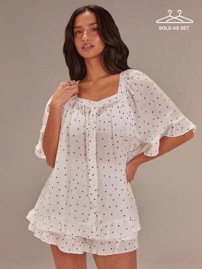 Athîral 女士休闲波点荷叶边短袖上衣和短裤套装