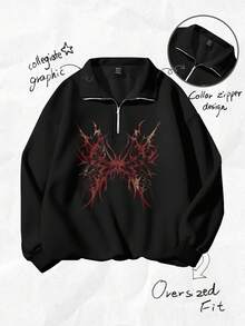 Attitoon 女士宽松印花半拉链高领轻薄套头卫衣 - 黑色 - 查看 2