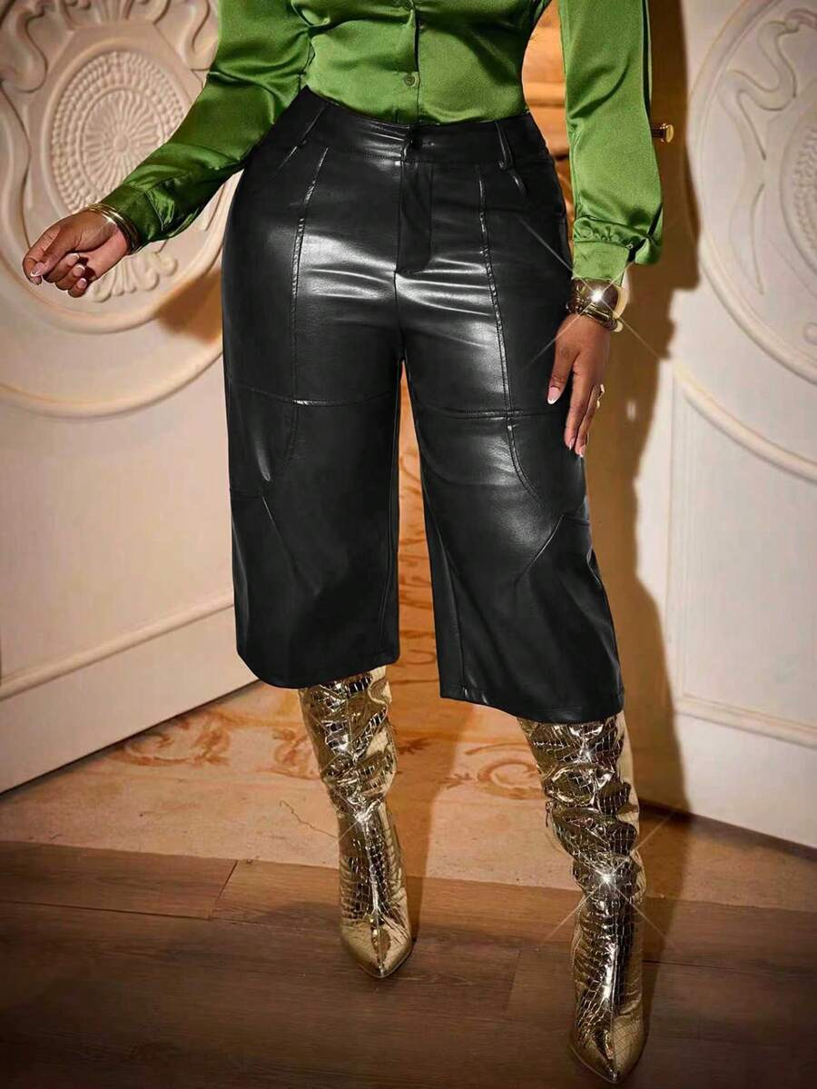 Xyvia Quần lửng nữ kiểu dáng thanh lịch cổ điển, cạp cao, thiết kế chắp vá, màu nâu retro. - màu đen - Xem 1