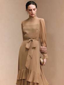 Arave 女士立领长袖腰带设计层叠荷叶边下摆优雅法式连衣裙，适合度假和派对 - 棕色 - 查看 7